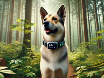 Un chien dans une forêt avec un collier gps